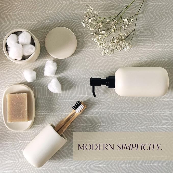 Ceramic Bathroom Accessories Set 4 Pcs – Modern Scandinavian Neutral Bathroom Soap Dispenser Set with Toothbrush Holder, Soap Dish & Cup – Minimalist Bathroom Accessory Set Decor - Cream/Light Beige