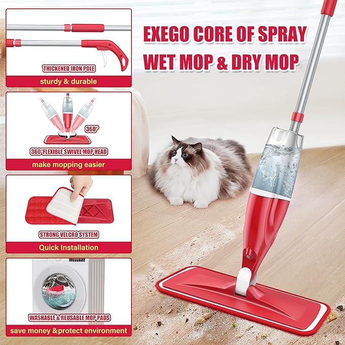 Spray Wet Mops for Hardwood Floor Cleaning: EXEGO Microfiber Dry Dust with 3 Washable Pads for Swiffer PowerMop - Flat Floor Mops with Sprayer for Wood Laminate Ceramic Tiles