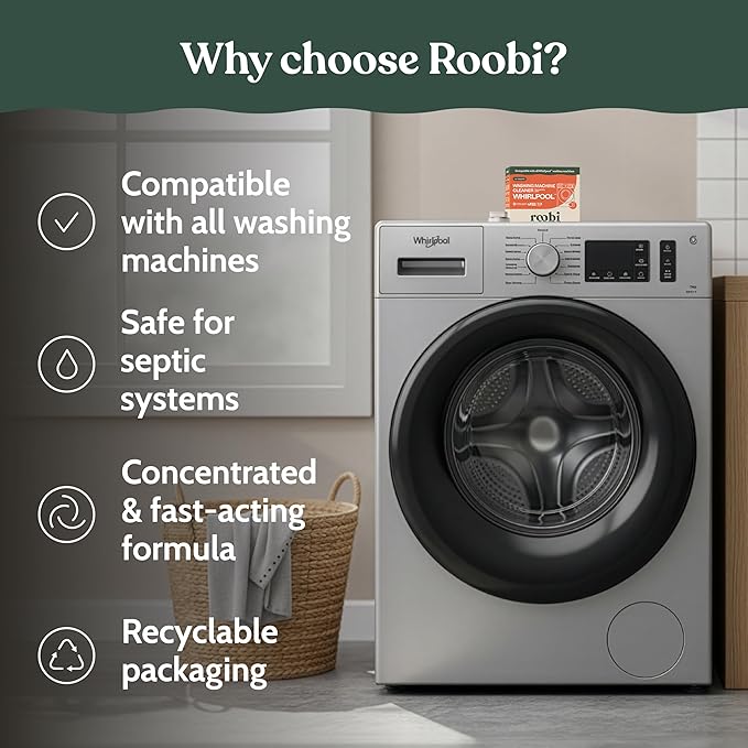 Roobi Washing Machine Cleaner Tablets. Compatible with Whirlpool and All Washing Machine Brands and Models. Septic Safe Deep Clean Formula. Carbon-Neutral 24-Pack Cleaning Tablets.
