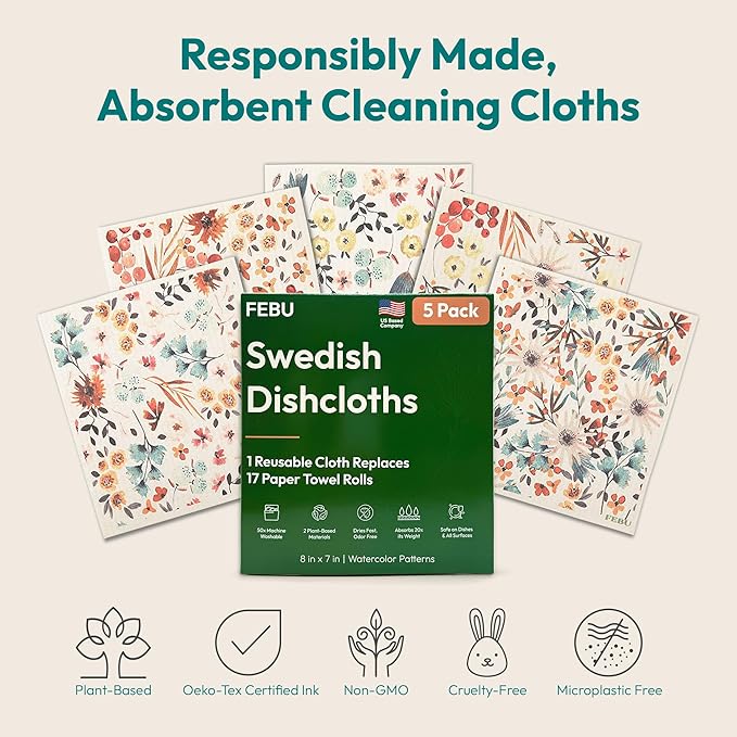 FEBU Swedish Dishcloths for Kitchen | 5 Pack Neutral Reusable Paper Towels Washable | Swedish Dish Towels | Non-Scratch Cellulose Sponge Cloths | No Odor, Biodegradable Cleaning Cloths