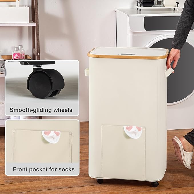 Laundry Basket with Wheels, Tall Dirty Clothes Hamper on Wheels, Rolling Laundry Hamper with lid for Dorm, Bedroom and Bathroom (Beige, 100L)