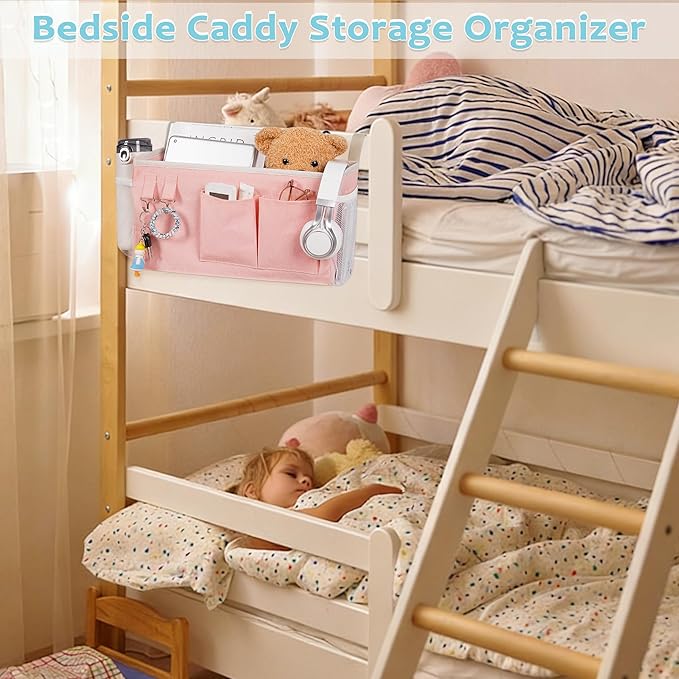 Loghot Bedside Caddy/Bedside Storage Bag Hanging Organizer for Bunk and Hospital Beds,Dorm Rooms Bed Rails,Can be Placed Glasses,Books,Mobile Phones,Keys (Light Pink)