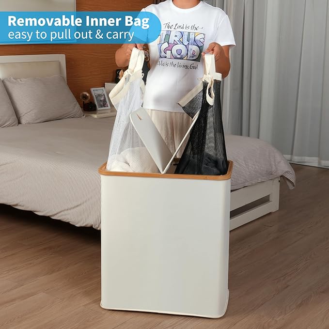 efluky Laundry Hamper with Lid, Double Laundry Hamper with 2 Removable Bags, 2 Section Laundry Basket with Bamboo Handles for Bathroom, Bedroom & Laundry Room, 140L (36.9 Gallon) Beige
