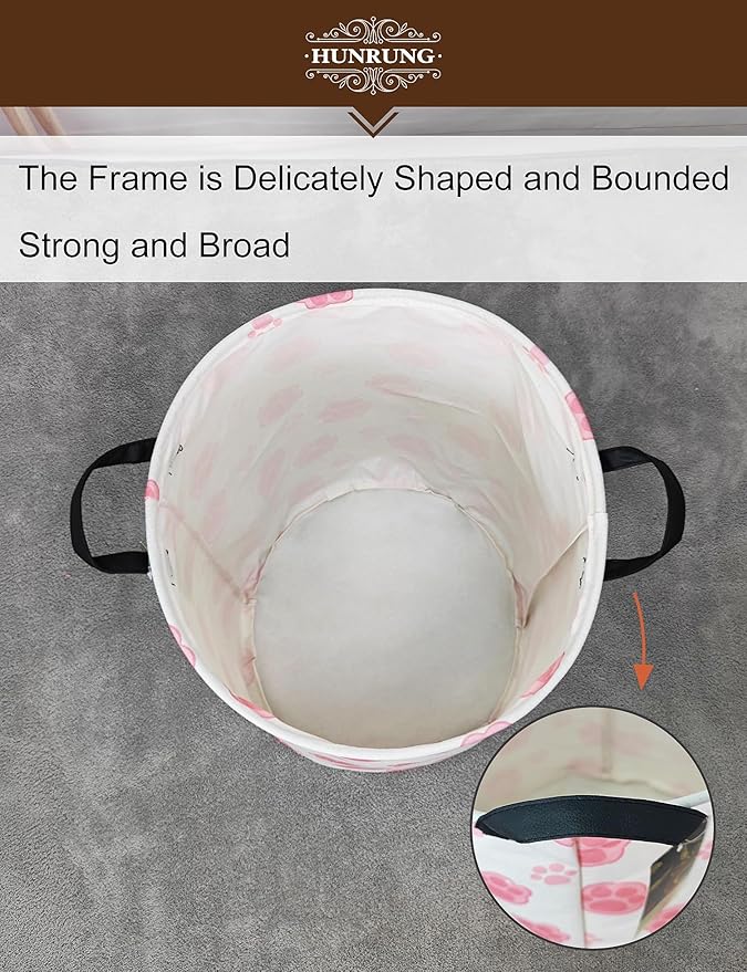 HUNRUNG Laundry Hamper,Large Canvas Fabric Lightweight Storage Basket Toy Organizer Dirty Clothes Collapsible Waterproof for College Dorms（Round-Pink Paw）