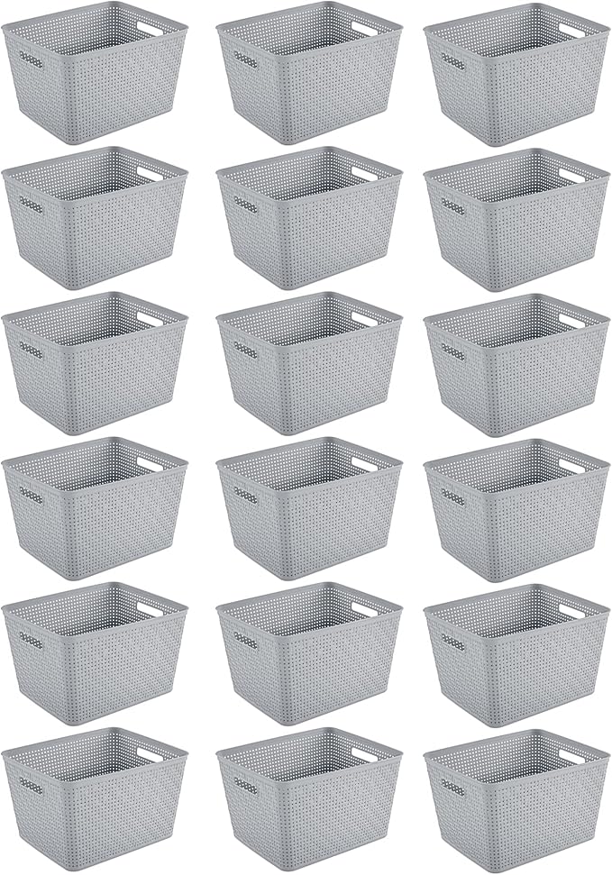 Sterilite 18 Pack Plastic Storage Bin Organization Containers, Tall Baskets, Cement