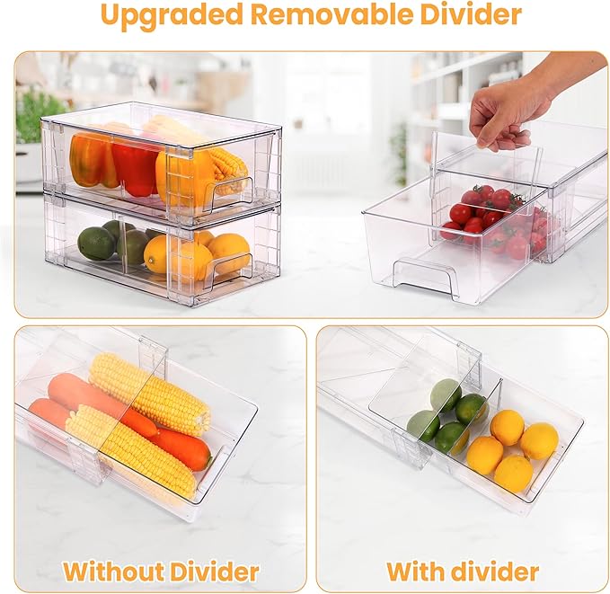 4 Pack Stackable Storage Drawers,Plastic Organizers Bins, Drawers Storage with Handles and Movable Dividers for Organization and Storage in Fridge,Bathroom, Pantry, Kitchen Cabinets, Under Sink