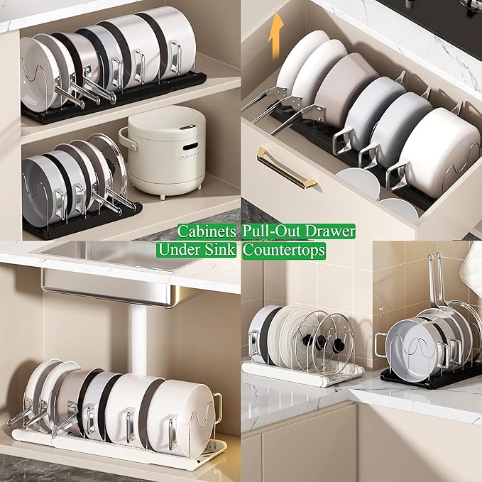 Pot Rack : Pots and Pans Organizer Under Cabinet 7 Adjustable Compartment Expandable Pot Lid Holder for Kitchen Cookware, Bakeware, Lid, Dishes, Cutting Boards,Black 2PCS