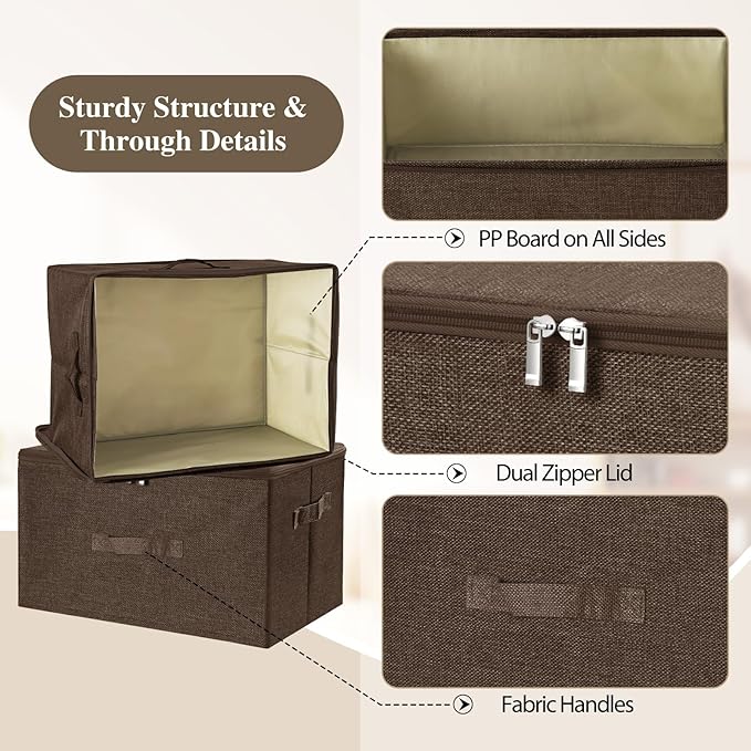 ANMINY Storage Bins with Zipper Lids 13 Qt Lidded Fabric Storage Boxes Baskets Cubes with Handles Collapsible Washable Cotton Linen Closet Shelf Clothes Organizer Containers - Coffee, Small