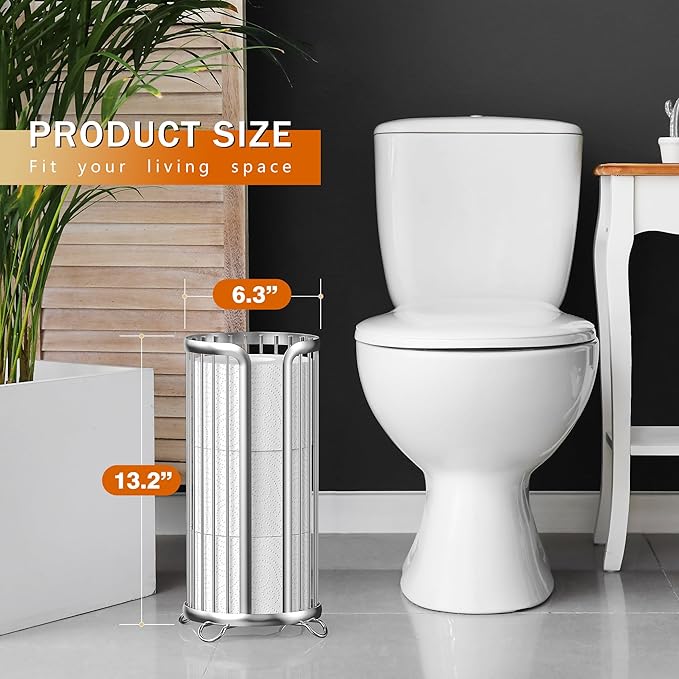 Bunoxea Toilet Paper Holder Stand, Freestanding Toilet Tissue Organizer, Minimalistic Storage Solution, Reserve Mega Rolls,Modern -2PACK Silver