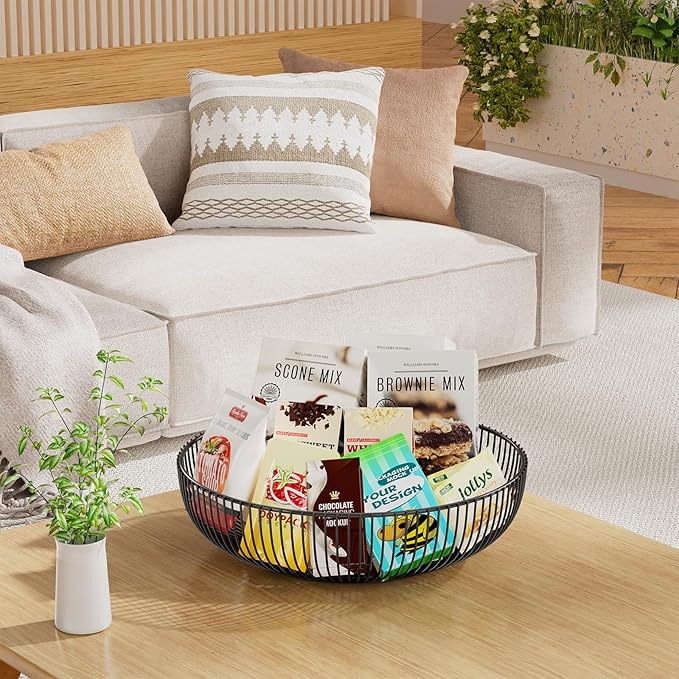 Simple Trending Round Metal Fruit Basket Bowl for Kitchen Counter - Rust-Proof, Non-Slip & Breathable Wire Organizer for Fruits, Veggies, Snacks, Black (11“ Diameter x 3.2” H)