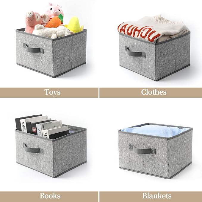 Storage Baskets, 11-Inch Woven Fabric Bins, Storage Cubes with Reinforced Handles, Organizer Bins for Closet Shelves, Foldable, for Toys, Clothes (4PCS/Grey-11*11*7.8inch)