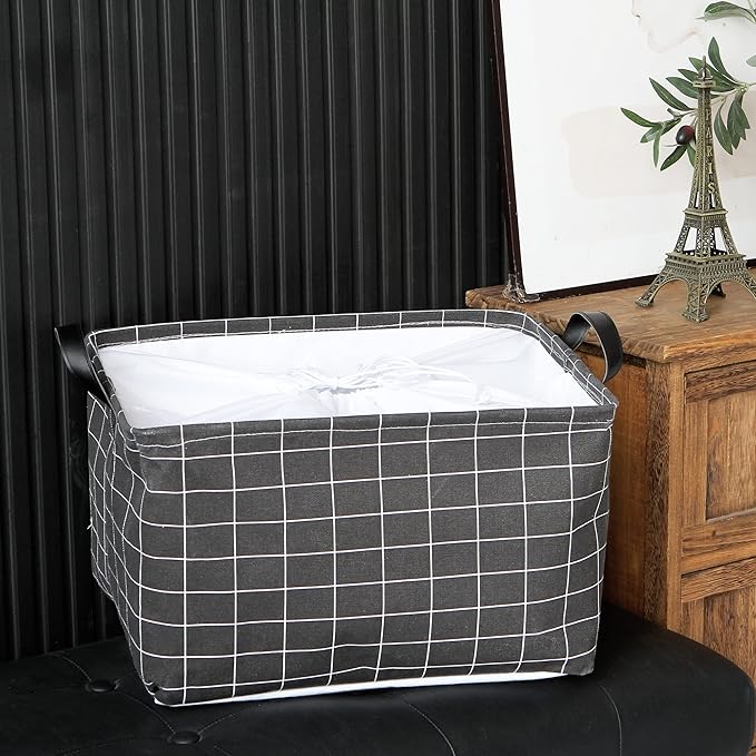 Hinwo Large Canvas Fabric Storage Basket with Handles, 33L/8.6-Gal Rectangle Bin, Collapsible Storage Box, Clothes, Toys, Blankets Organizer, 16.5 x 12 x 10 Inches (L, Black Grid)