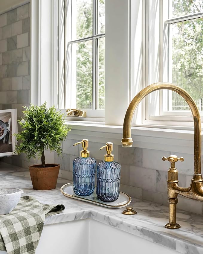 JASAI 18Oz Blue Glass Soap Dispenser with Golden Pump, Refillable Bathroom soap Dispenser with Thick Glass, Clear Kitchen Soap Dispenser for Dish Soap, Hand soap, Lotion.(Blue)