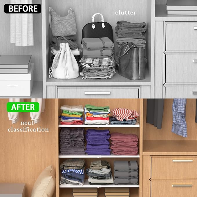 Expandable Closet Tension Shelves Organizers, Adjustable Shelf for Cabinet Rack Storage Wardrobe Divider Shelving for Pantry 2 Pack (Perforated White,W11.81 x L: 17" to 31")