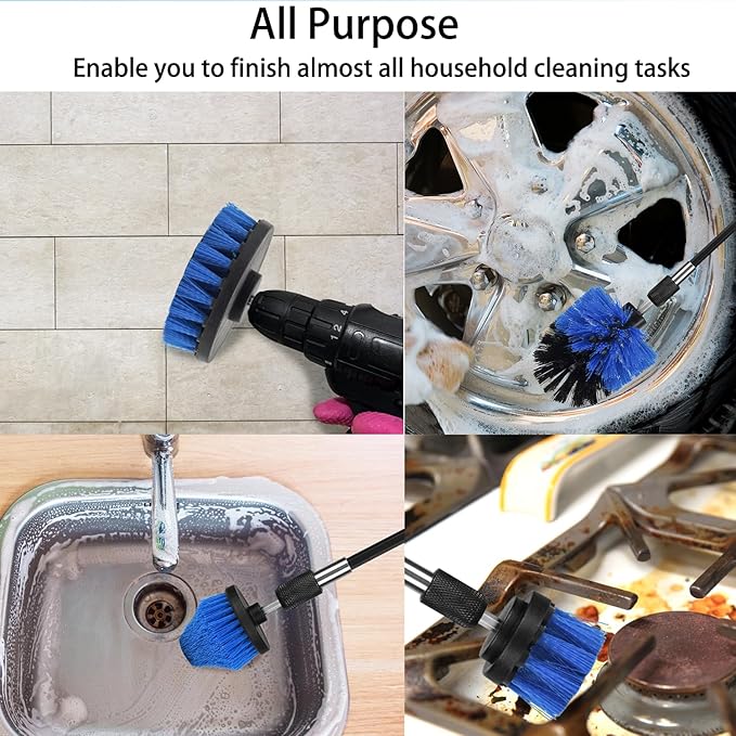 Drill Brush Attachment Set, 7 Pack 1/4in Power Scrubber Brush + Extend Long Rod, Brush Drill Attachment, Power Cleaning Scrub Brush for Bathroom, Tub, Tile, Corner（Blue）