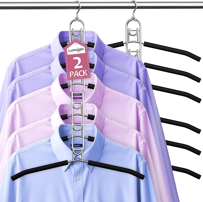 Clothes Hangers Space Saving, Newly Upgraded Detachable Shirt Hangers, 6-Tier Foldable Coat Hanger with 360° Swivel Hook for Closet Organizers and Storage Shirt,Sweater,Suit - 2 Pack, Patent Pending