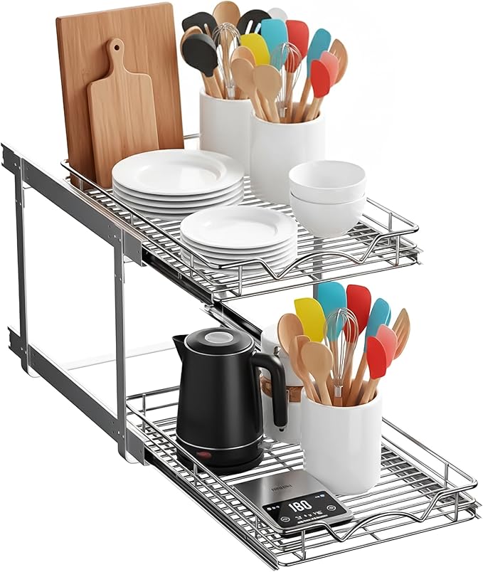 2-Tier Pull-Out Cabinet Organizer with Heavy-Duty Steel Frame, Full-Extension Sliding Shelves, Holds 100 lbs, Easy Install for Kitchen, Pantry & Under Sink Cabinets, 14" W x 21”D x 16.5" H