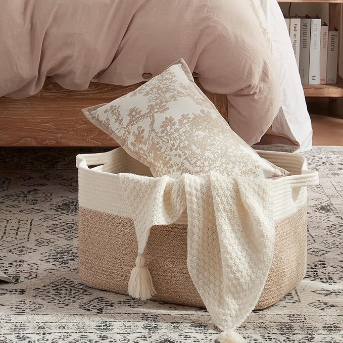 OIAHOMY Large Storage Basket, Cotton Rope Woven Blanket Basket, Toy Bin for Baby Room, Container for Blanket Storage in Living Room, 20''×16''×12'', Brown & White
