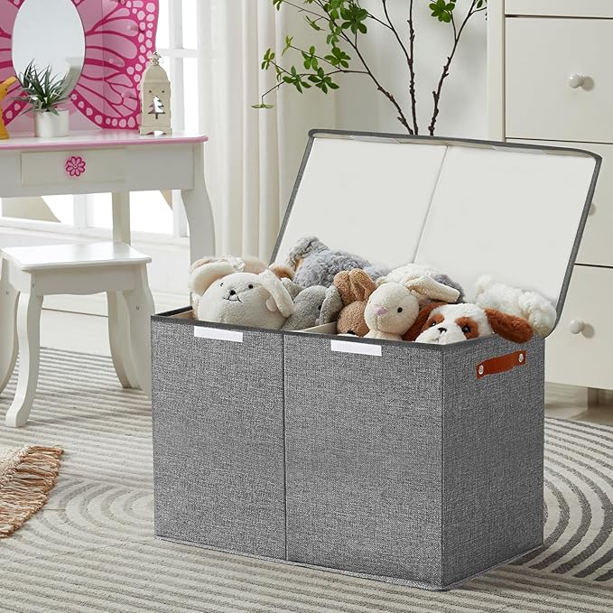 Large Toy Storage Box with Lids, Collapsible Sturdy Baby Storage Organizer Chest Bin Basket for Kids, Boys, Girls, Playroom, Nursery, Bedroom, Closet 25"x13"x16" (Gray)