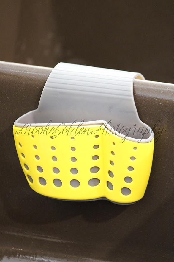 Sink Caddy Sponge Holder - Kitchen Soap Holder - Plastic Saddle Faucet Caddy - Organizer for Brushes, Sponges, Soap, Utensils (Yellow)