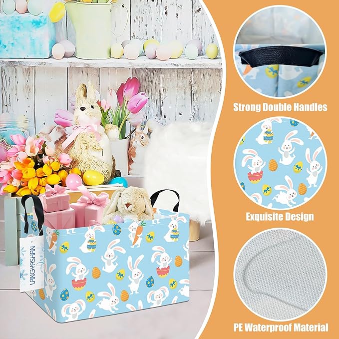 LANGYASHAN Rectangular Storage Bin Collapse Canvas Fabric Cartoon Storage Basket with Handles for Organizing Home Kitchen Boys and Girls Toys Office Closet Shelf Baskets (Rec Blue Rabbit Easter Egg)
