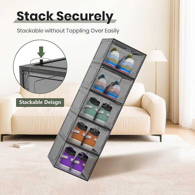 ALCCB Thicken Hard Clear Shoe Storage Organizer for Closet, 12 Pack Modular Plastic Stackable Shoe Storage Box Organizer, Shoe Sneaker Rack Display Case Containers Bins with Lids, Grey