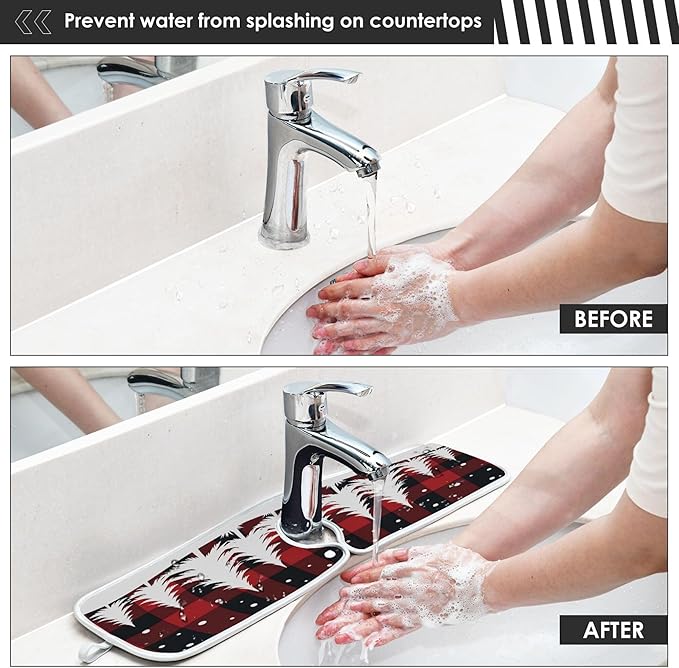 2 Pack Faucet Splash Catcher Christmas Tree Sink Mat for Faucet Absorbent Kitchen Splash Guard Drip Catcher for Farmhouse Barthroom Bar, S