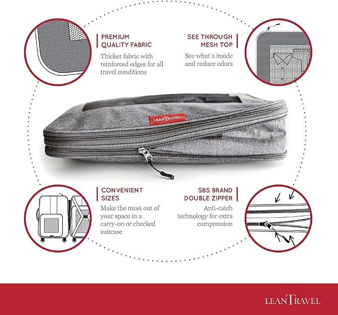 LeanTravel Compression Packing Cubes for Travel Organizers with Double Zipper 4 pack - Grey