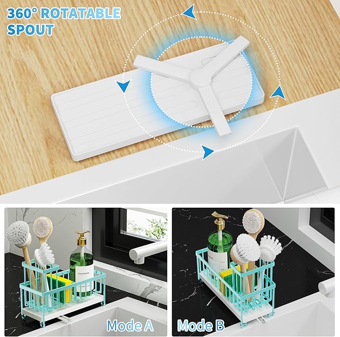 Cisily Sponge Holder for Kitchen Sink, Sink Caddy Organizer with High Brush Holder, Kitchen Countertop Organizers and Storage Essentials, Rustproof 304 Stainless Steel (Turquoise, 9.25″)