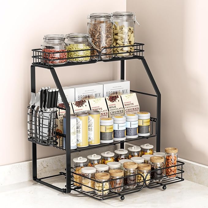 Spice Rack Organizer for Cabinet, 3 Tier Black Countertop Organizer Small Spice Rack, Kitchen Spice Shelf Organizer for Cabinet, Pantry, Bathroom, Bedroom, Coffee Station