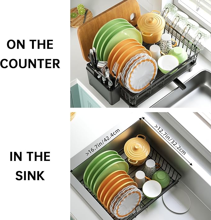 Dish Drying Rack, Dish Racks for Kitchen Counter, Detachable Dish Drainer with Drainboard, Utensil Holder, Cup Holder, Space Saving Kitchen Drying Rack for Small Home and Appartment, Black