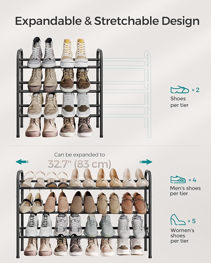 SONGMICS Expandable Shoe Rack, 3 Tier Shoe Rack Shelf, Adjustable Shoe Organizer Storage for 20 Pairs of Shoes, Metal Free Standing Shoe Racks for Closet, Front Door Entryway, Easy Assembly, Ink Black