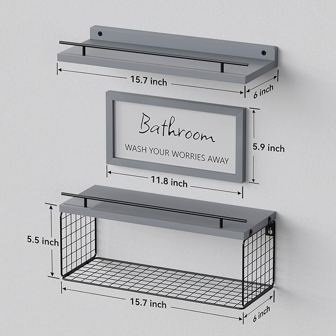 WOPITUES Floating Shelves for Wall Decor Sign, Bathroom Organizers and Storage, Bathroom Shelves Over Toilet with Metal Guardrail-Modern Grey