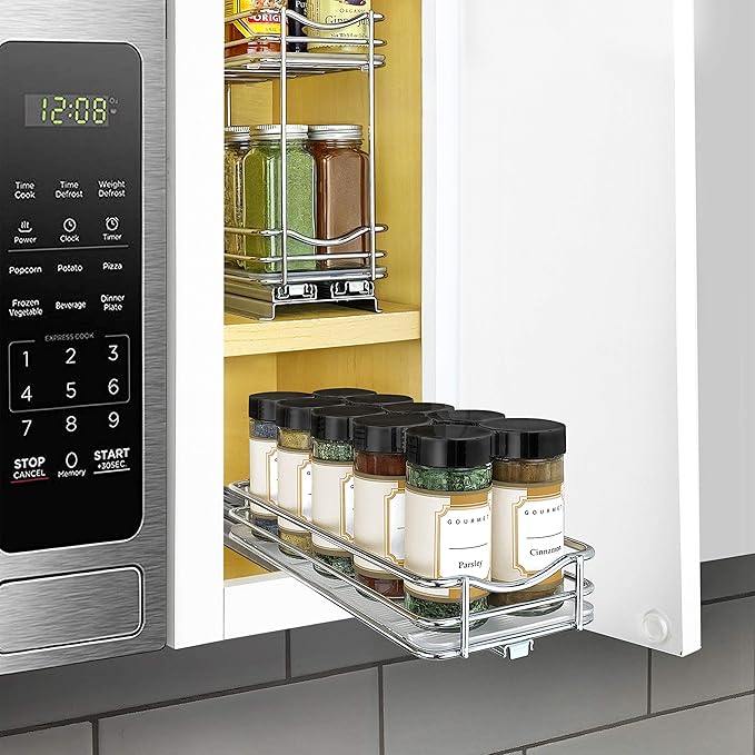 LYNK PROFESSIONAL® Pull Out Spice Rack Organizer for Inside Kitchen Cabinets - 4-3/8 inch Wide - Slide Out Drawer – Chrome Sliding Spice Organization for cabinet - Spice Racks - 1 Tier