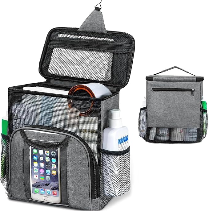 Mesh Shower Caddy for College Dorms – Portable Hanging Toiletry Bag with Quick-Dry Mesh, Metal Hook & Spacious Compartments for Bathroom, Gym, Travel, Beach & Camping