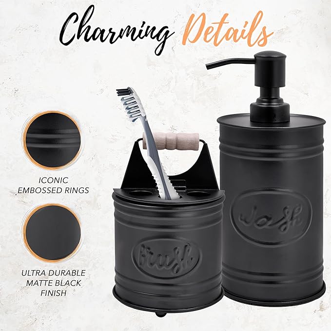 Autumn Alley Rustic Bathroom Accessories Set - Farmhouse Soap Dispenser and Toothbrush Holder Set - Western Bathroom Accessories, Farmhouse Decor for Bathroom Countertop, Galvanized Black