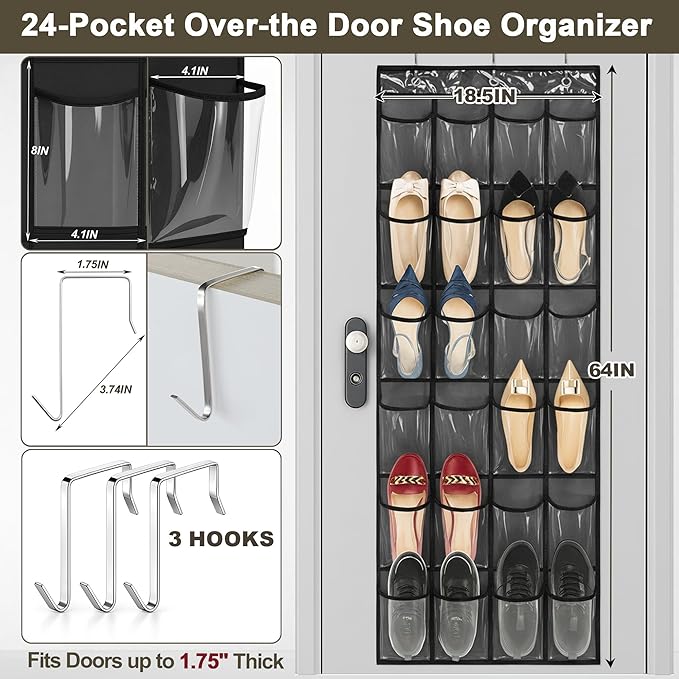 Over The Door Shoe Organizer - Space Saving Shoe Rack for Closet Door with 24 Crystal Clear Pockets and Metal Hooks, Shoe Holder Back of Door Organizers for Shoes, Hanging Shoe Organizer (Black)