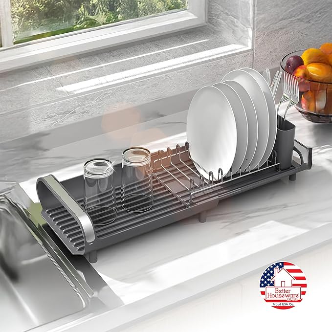 Better Houseware in Sink Dish Drying Rack, Dish Drying Rack in Sink with Non-Slip Handles, Stainless Steel Space-Saving Design, Dish Rack Holds 8 Plates, 12.25 x 18 x 10.75 Inch, Gray