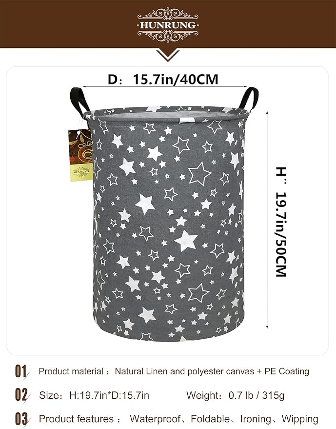 HUNRUNG Laundry Hamper,Large Canvas Fabric Lightweight Storage Basket Toy Organizer Dirty Clothes Collapsible Waterproof for College Dorms, Children Bedroom,Bathroom（Round star）