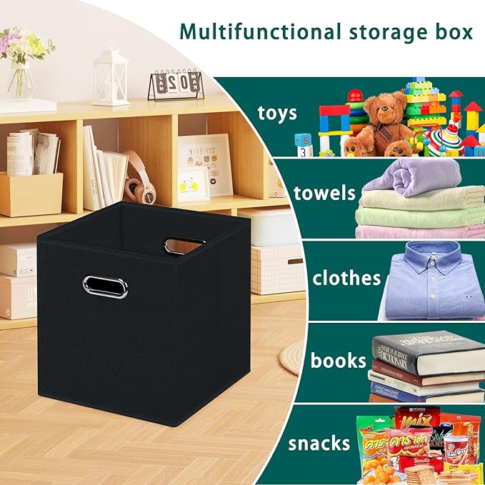 Black Foldable Storage Cubes Bins, Fabric Storage Box Cubes Organizer Baskets with Dual Handles for Home Organizer,Set of 6,(Black)