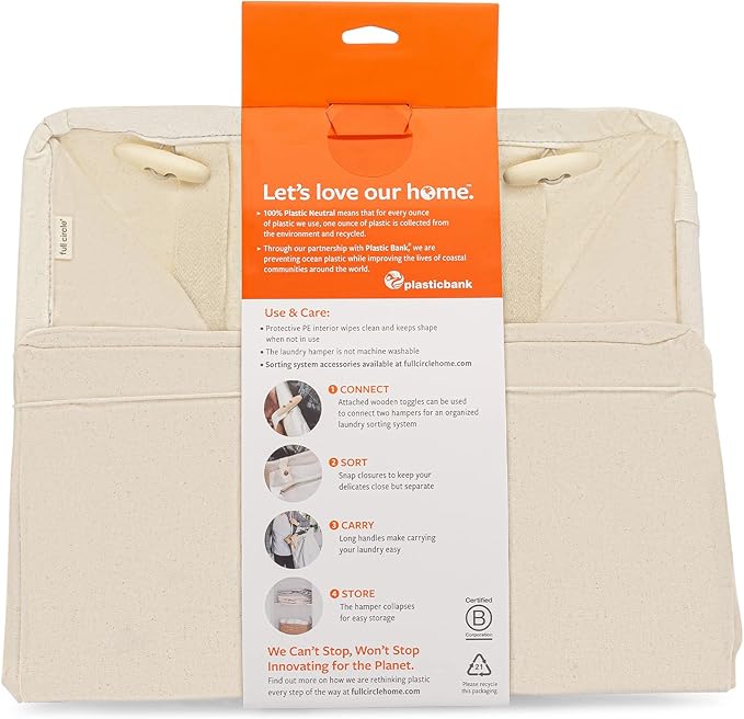 Full Circle Loads of Fun Collapsible Hamper – Laundry Basket for Dirty Clothes & Towels– Tall Standing Organic Cotton Laundry Bag with Long Handles - Ideal for Bathroom, Bedroom or Kids’ Room, Natural Large