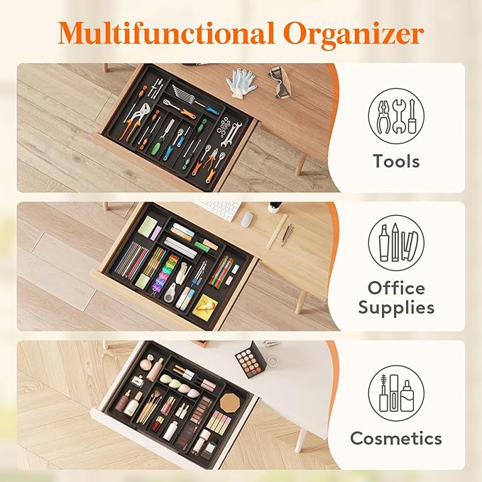 Lifewit Utensil Organizer for Kitchen Drawer, Expandable Cooking Silverware Tray, Adjustable Cutlery Flatware Holder, Plastic Spatula Tools Storage Divider, 13-22.3 x 16.7", Black