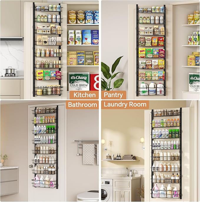 MIAOLI Over the Door Pantry Organizer, 8-Tier Adjustable Spice Rack Cabinet Door Shelves, Hanging Seasoning Organizer for Kitchen Bathroom, Laundry Room Organization, Black