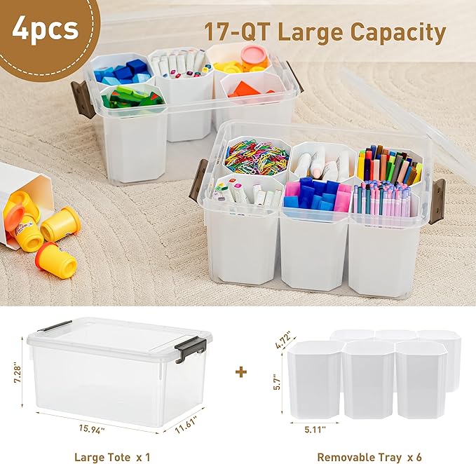 Citylife 17 QT Plastic Storage Bins Clear Storage Box with Lids Multipurpose Stackable Storage Containers for Organizing Tool, Craft, Crayon, 4 Packs