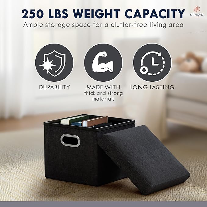 Ornavo Home 12 Inches Small Storage Ottoman with Handles, Foldable Collapsible Cube Square Linen Ottoman Foot Rest Stool Seat, for Living Room, Bedroom, Home Office, Dorm, Black