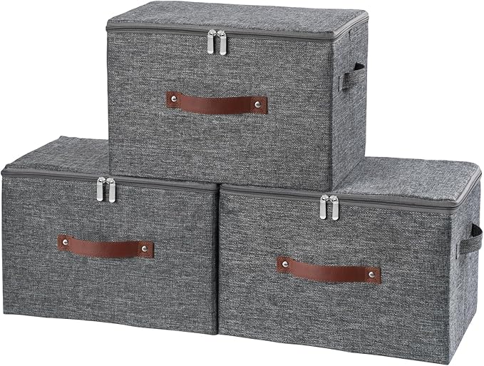 Storage Bins with Zipper Lid and PU Leather Handle 3 Pack Cotton Linen Fabric Lidded Storage Boxes Baskets Washable Collapsible Shelf Closet Organizer Container(Updated Gray, Large Size)