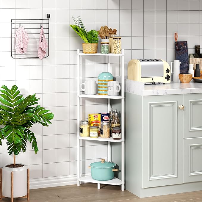 Corner Shelf Stand - 4 Tier Bamboo Small Corner Bookshelf for Office Kitchen Bedroom Plant Stand Living Room Decor Small Space (White, 4 Tier)