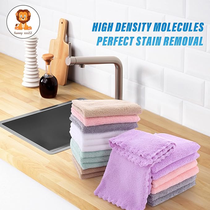 Sunny zzzZZ 18 Pack Microfiber Cleaning Cloth - Super Absorbent 10 × 10 Inch Reusable Cleaning Rags, Premium Dish Cloths, Coral Fleece Cleaning Towels, Nonstick Oil Washable Fast Drying (Multicolor)