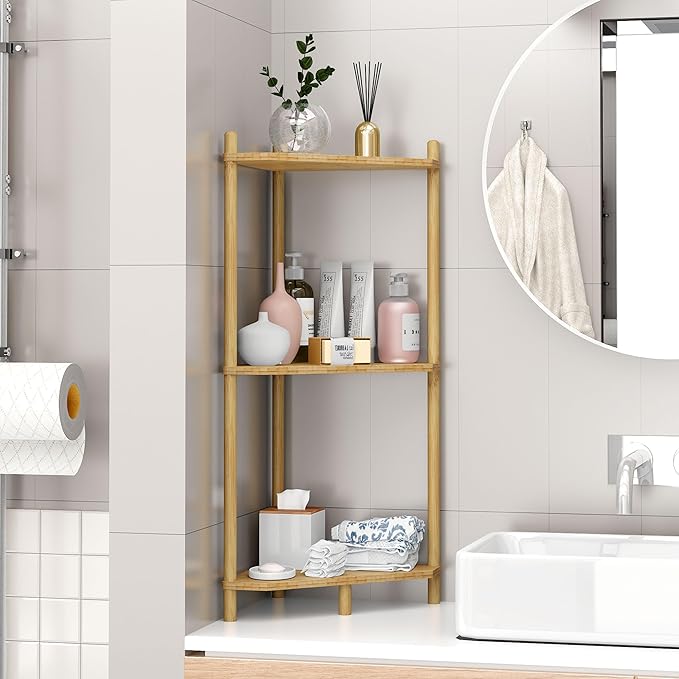 Corner Shelf Stand - 3 Tier Bamboo Small Corner Bookshelf for Office Kitchen Bedroom Plant Stand Living Room Decor Small Space (Natural，3 Tier)