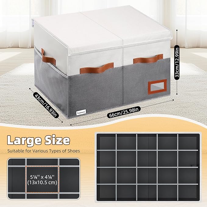 Shoe Organizer for Closet, Foldable Shoe Storage Bins with Lid & Adjustable Dividers, Fabric Shoe Box Storage Containers with Four Reinforced Handles, Fits 20 Pairs, 1 Pack, Grey